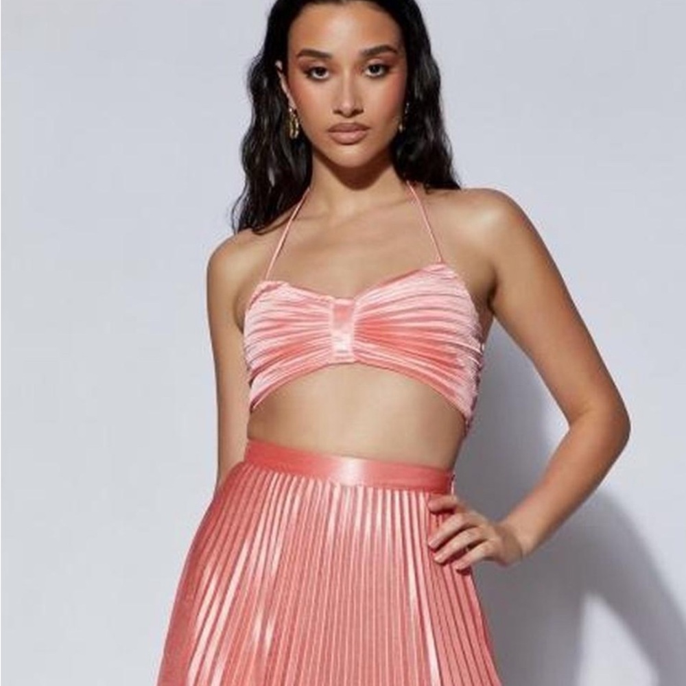 Meshki Coral Pleated halter Crop Top